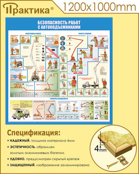 C43 Стенд безопасность работ с автоподъемниками (1000х1000 мм, пластик ПВХ 3 мм, алюминиевый багет золотого цвета) - Стенды - Тематические стенды - Магазин охраны труда Протекторшоп